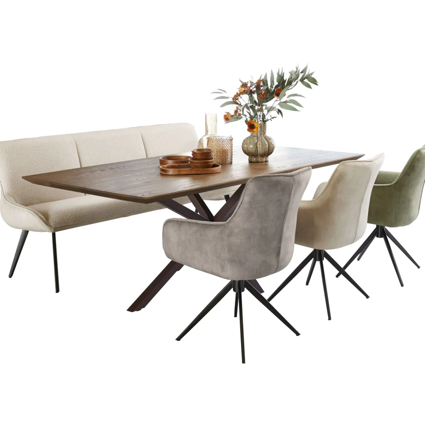 Eetkamerbank Ceno 190 cm combi stof lichtbruin