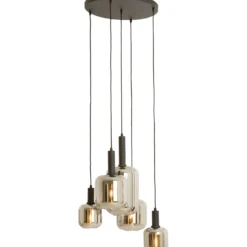 Hanglamp Trecate Mat zwart smoke glas 5-lichts rond