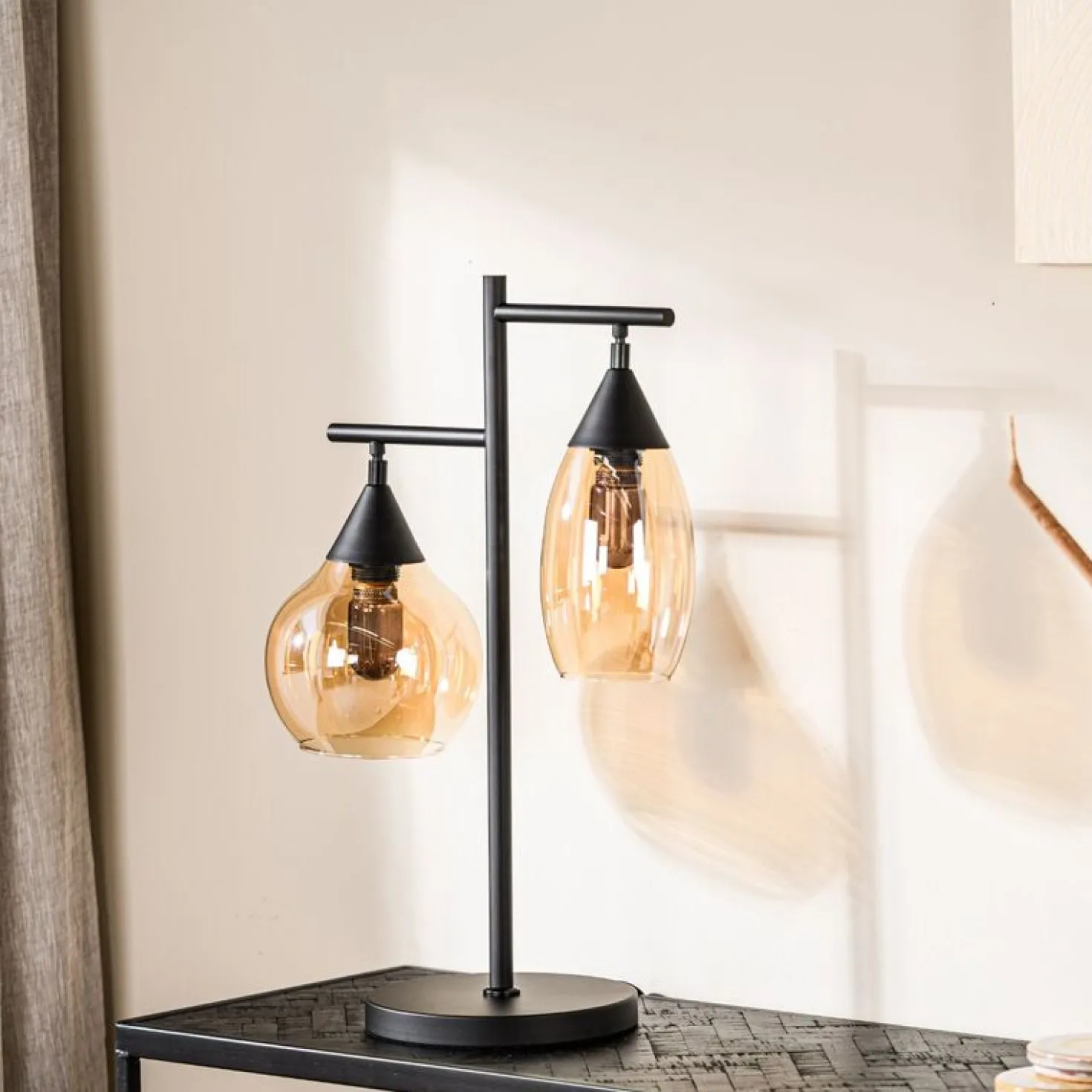 Tafellamp zwart Amber glas 2-lichts - Lungo